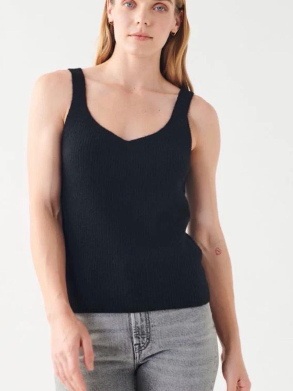 White + Warren Black Ribbed Cashmere V-Neck Knit Tank